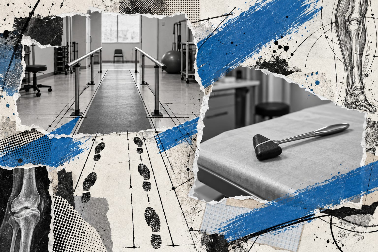 A mixed media collage shows an empty gait assessment walkway, a reflex hammer and cool blue paint strokes.