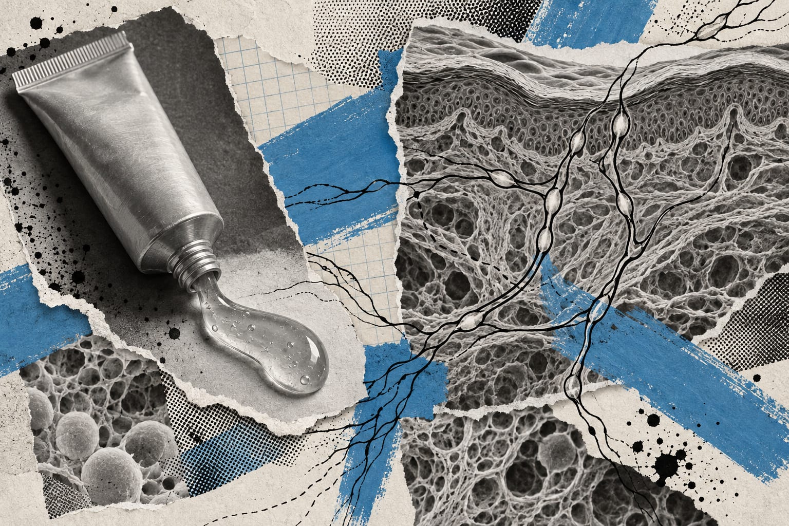 An unbranded gel tube and a skin cross-section overlap in a collage with cool blue painted strokes.