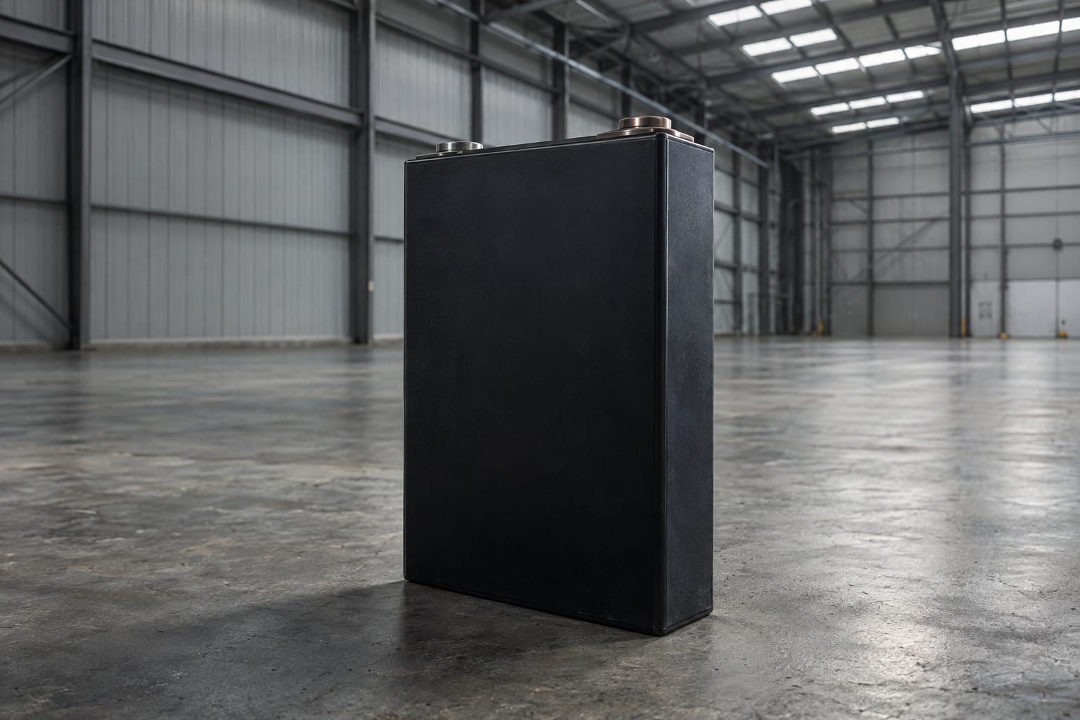 An oversized battery cell stands in a generic assembly warehouse beneath overcast skylight.
