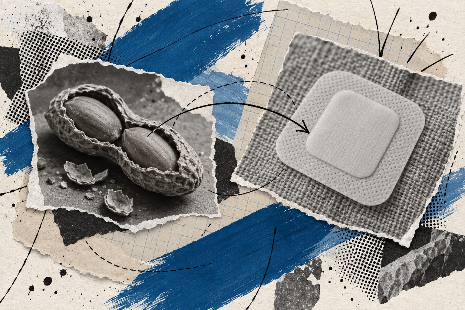A collage places a blank adhesive skin patch beside a peanut shell under cool blue paint strokes.