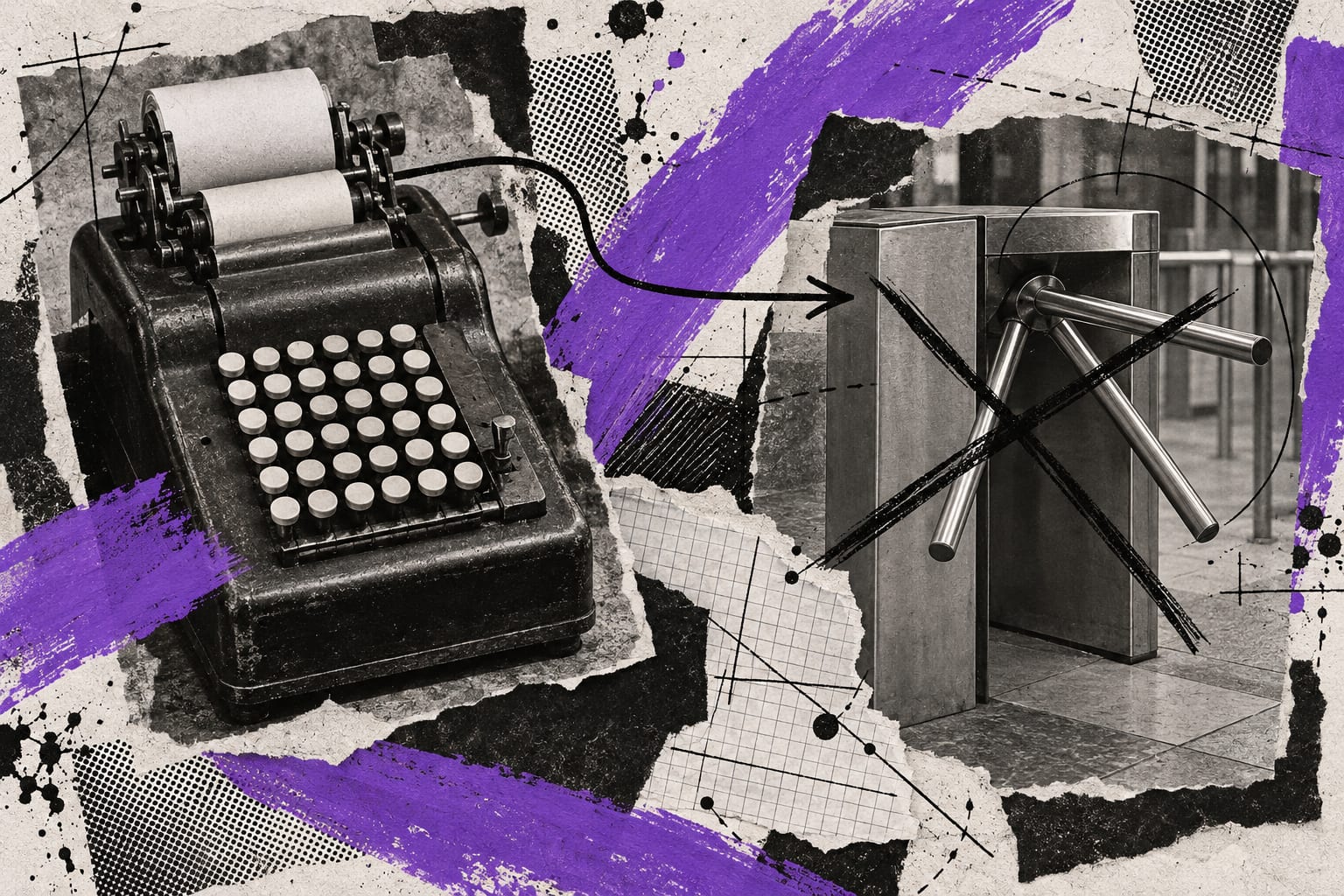 Black-and-white cut-outs of a mechanical adding machine and a closed turnstile overlap ink lines and violet paint on textured paper.