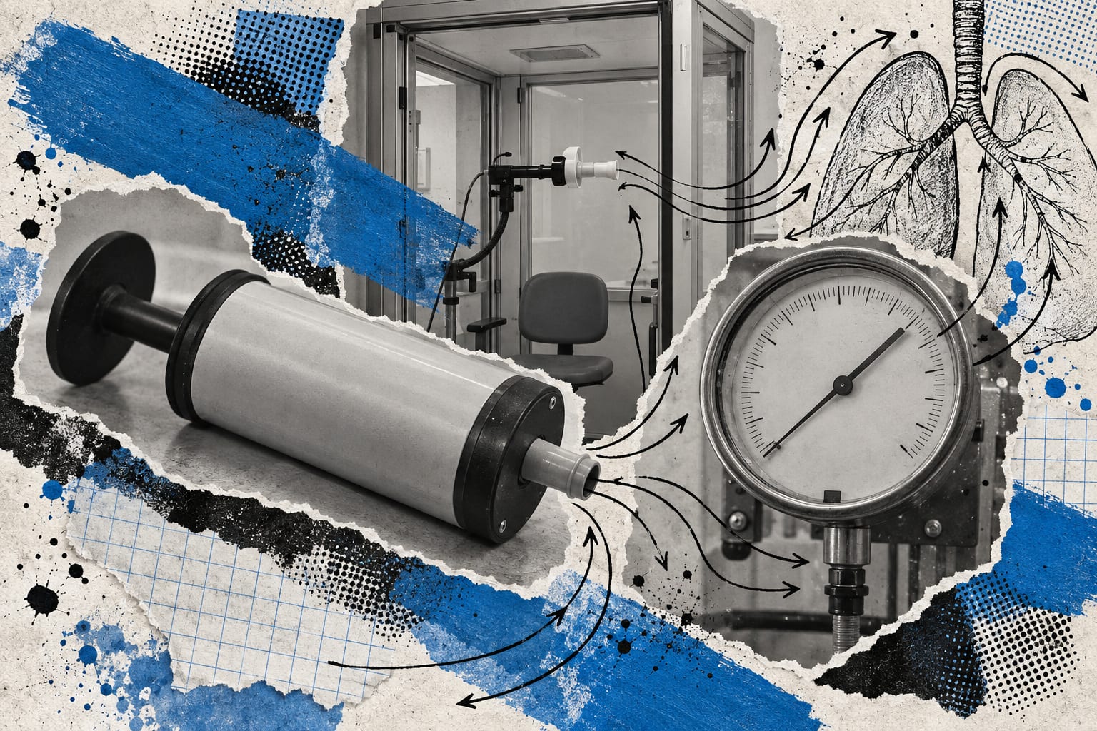 A spirometry calibration syringe and pressure gauge overlap ink airflow lines and cool blue paint on textured paper.