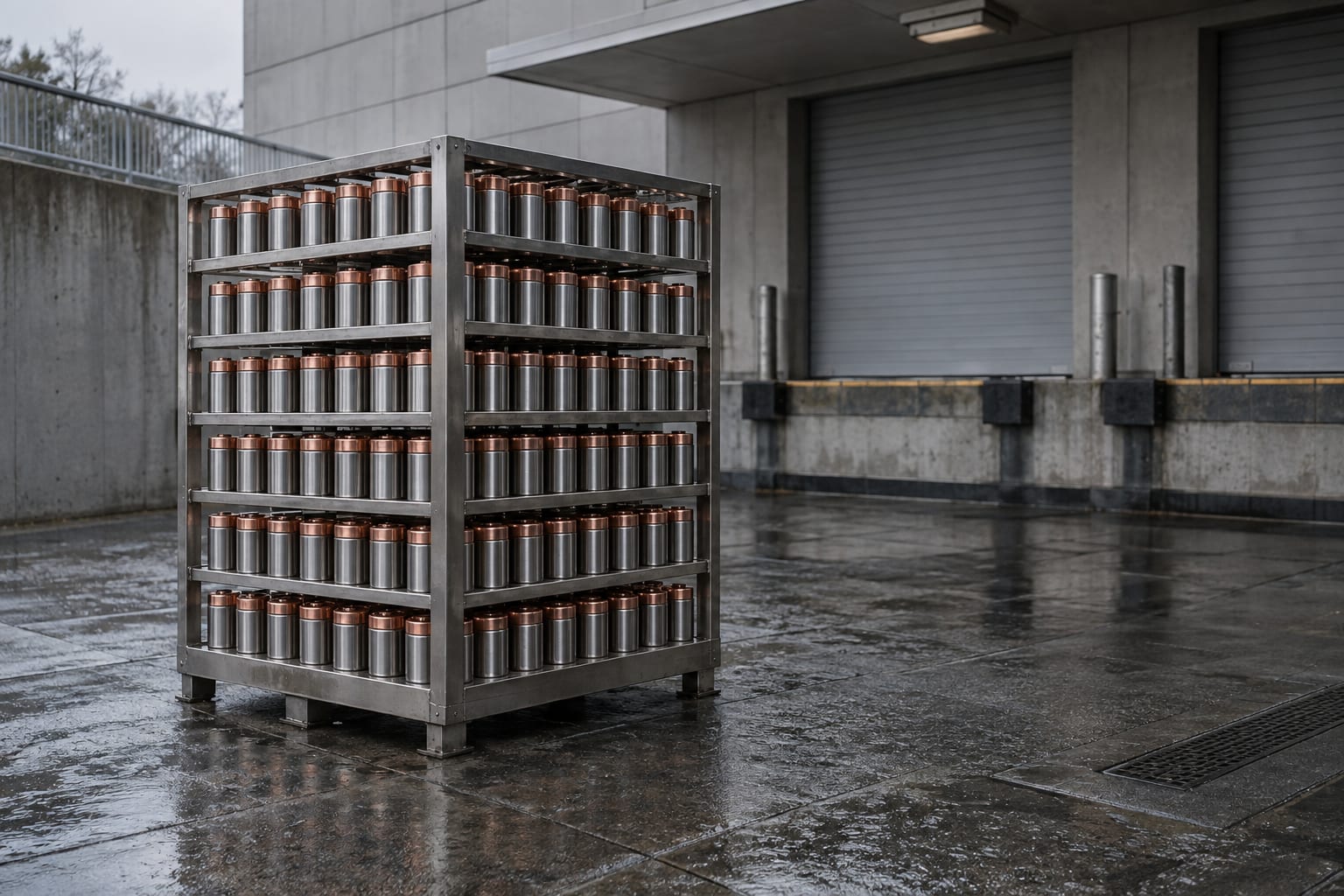 An oversized empty sample rack stands beside an anonymous hospital receiving dock under bright overcast skies.