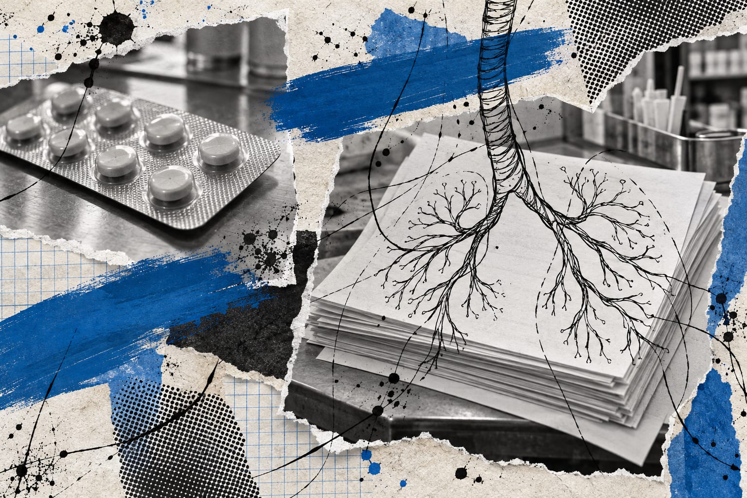 An editorial collage pairs a blister pack with unmarked application pages and cool blue ink lines tracing an airway.