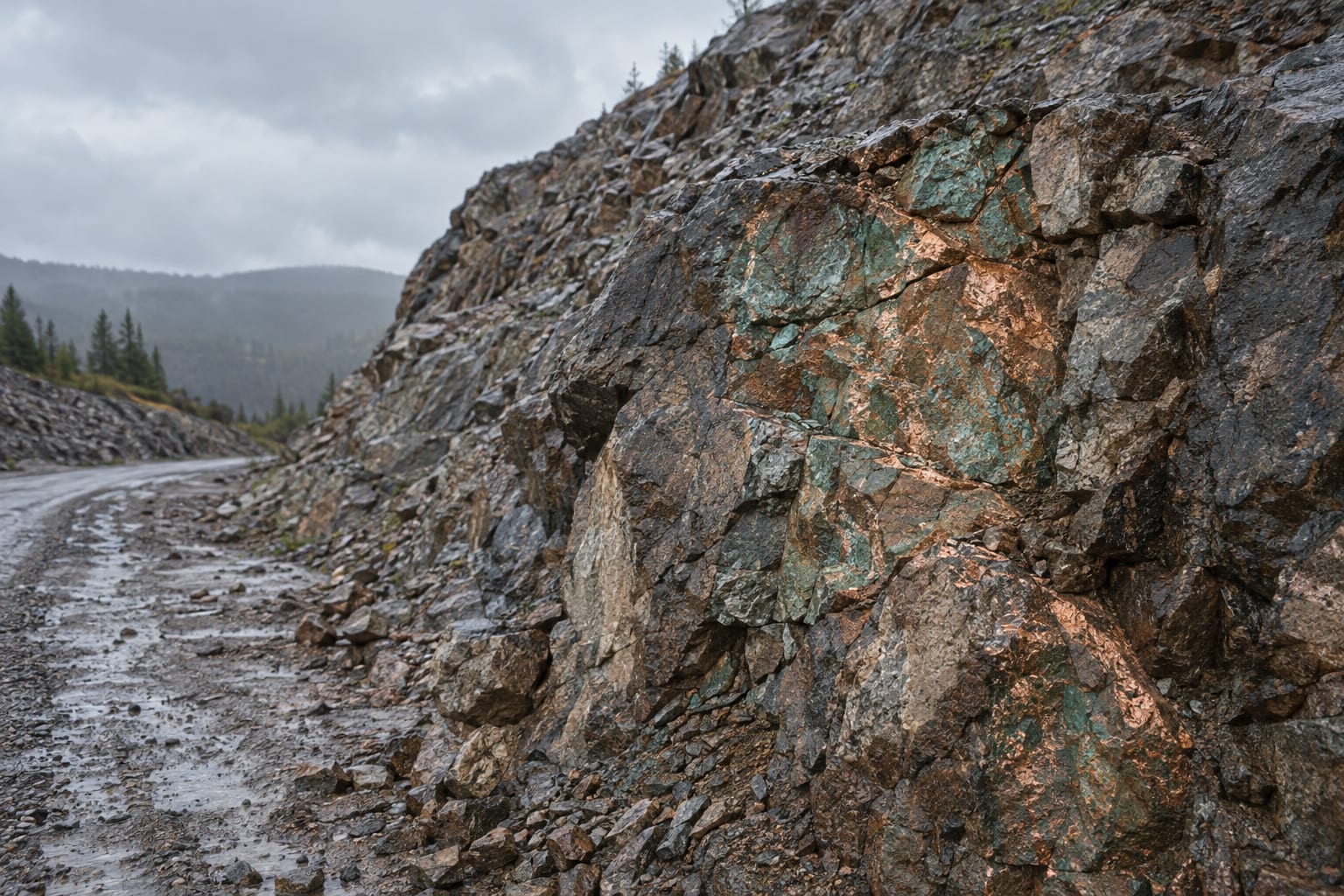 Exposed mineralized rock forms a rain-darkened road cutting beneath an overcast sky.