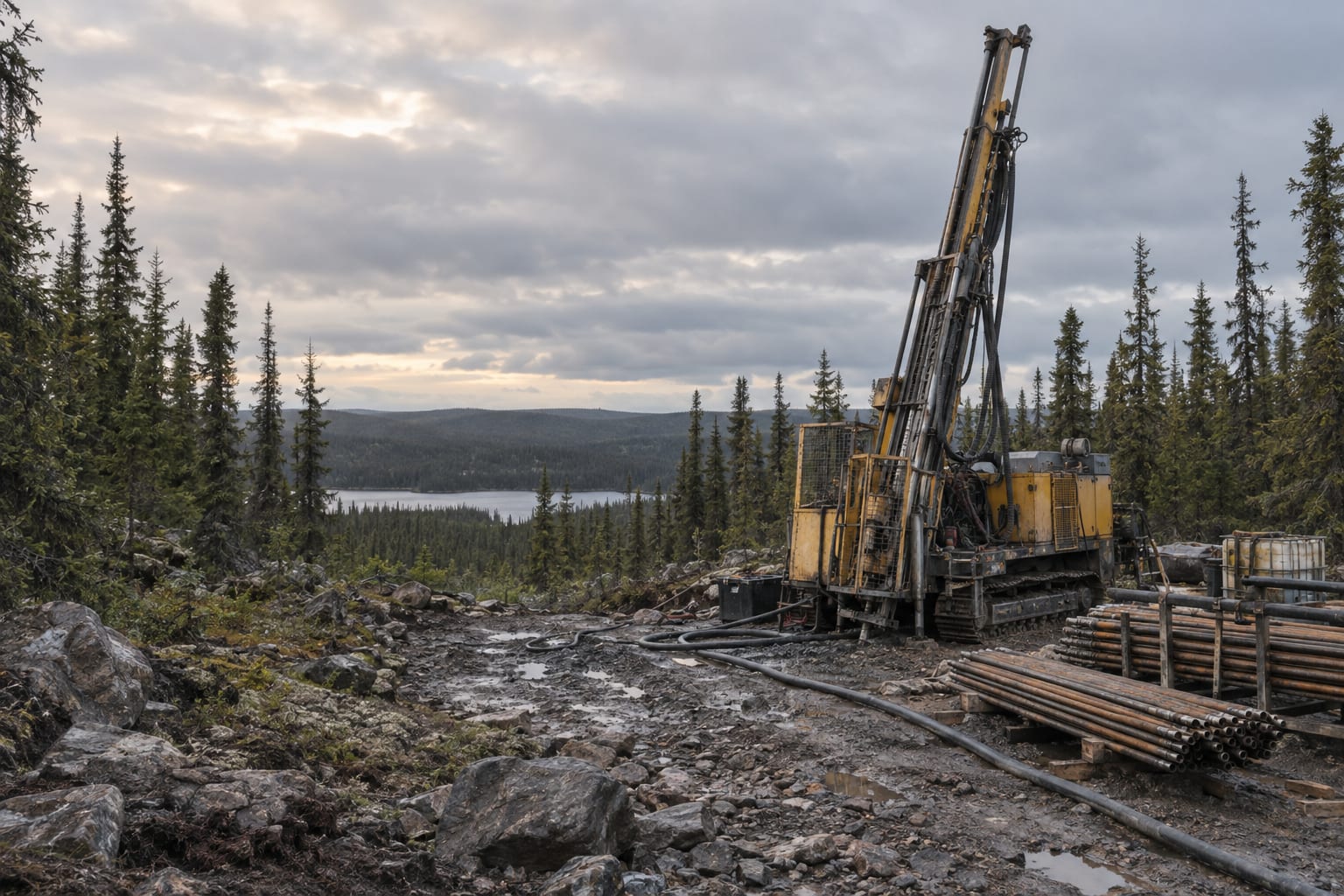 An idle diamond drill rig stands in a wet boreal clearing under an overcast sky.