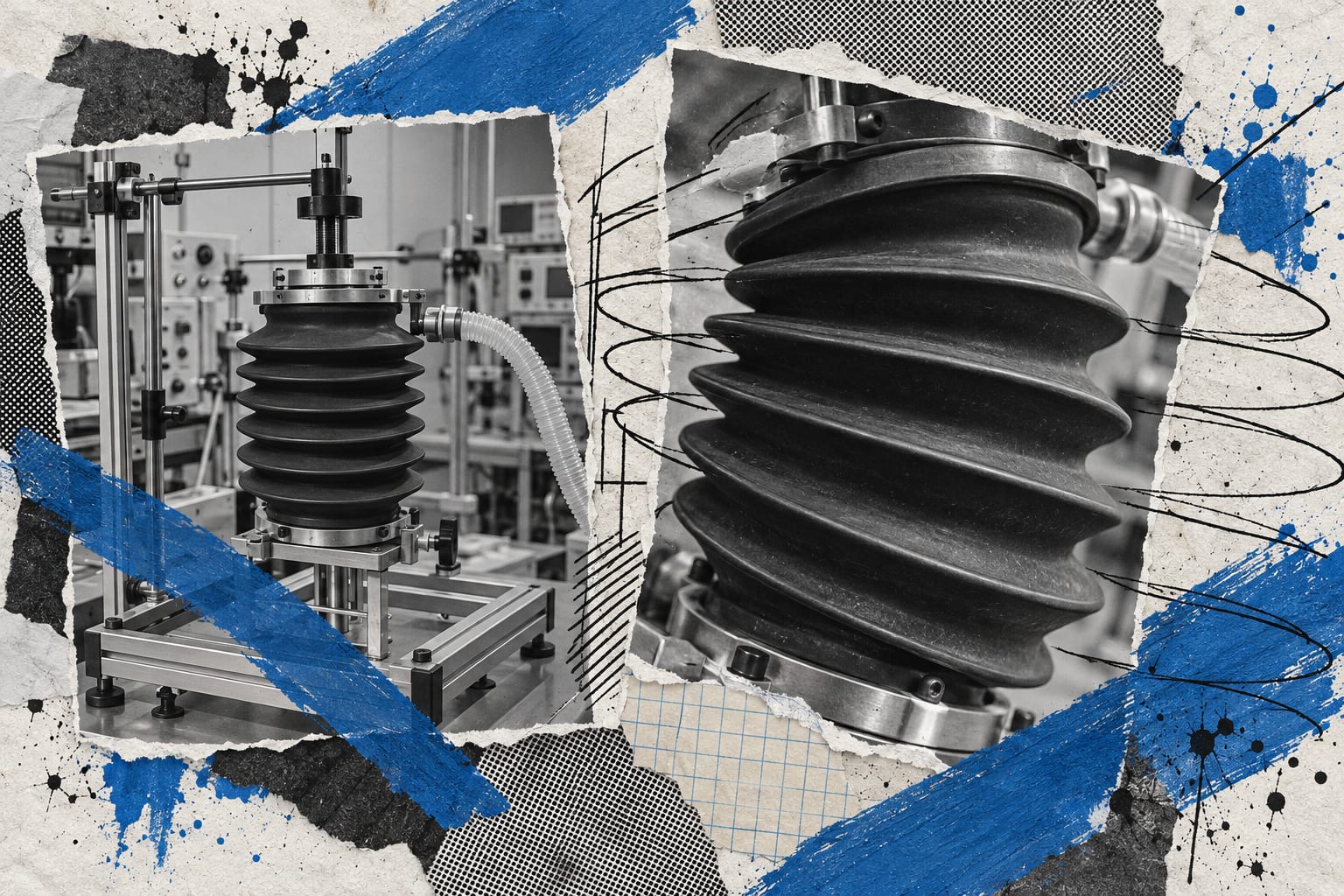 A layered editorial collage shows an unmarked bellows breathing simulator with black ink lines and cool blue painted strokes.