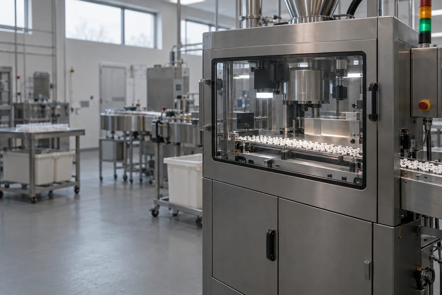 An enclosed tablet inspection machine stands in a generic pharmaceutical manufacturing room.