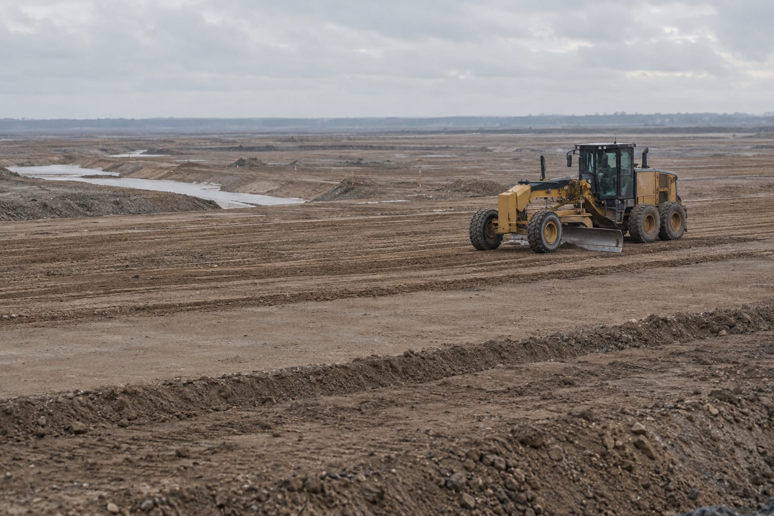 A road grader works on a broad, freshly cleared construction field beneath an overcast sky.
