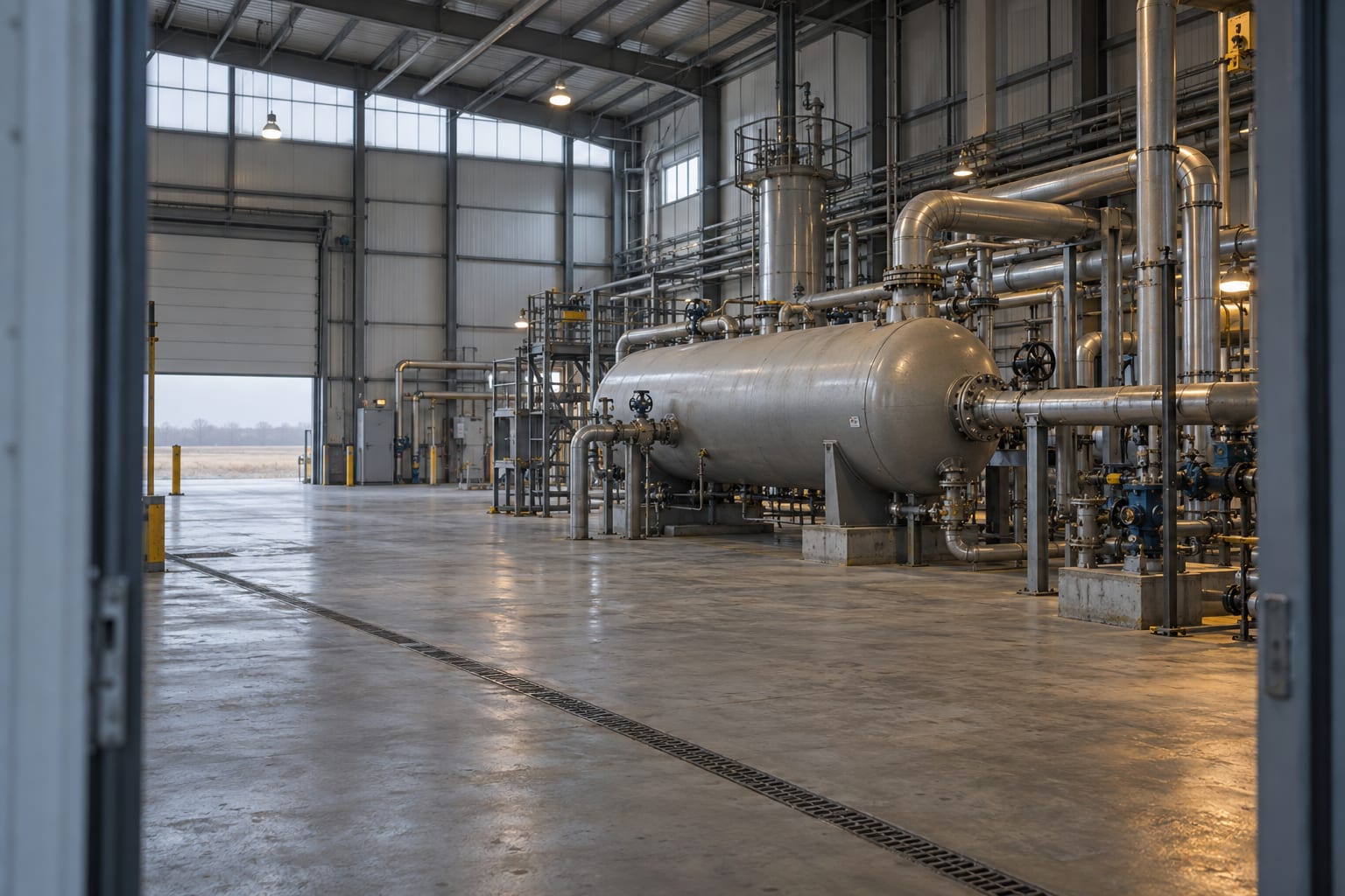A gas separator and pipework fill an anonymous indoor processing hall.