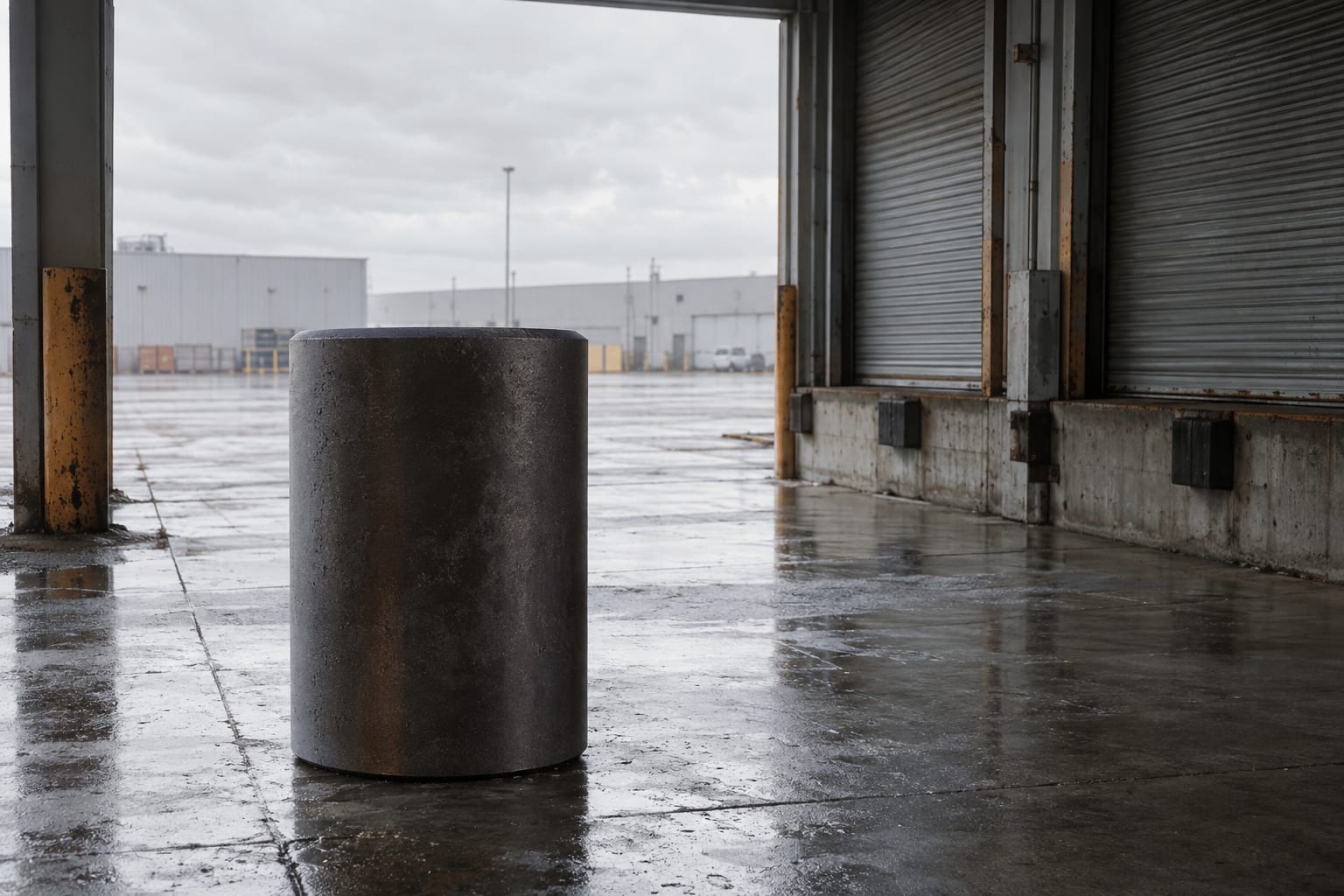 An oversized ceramic uranium fuel pellet stands on wet concrete at a generic industrial loading dock.