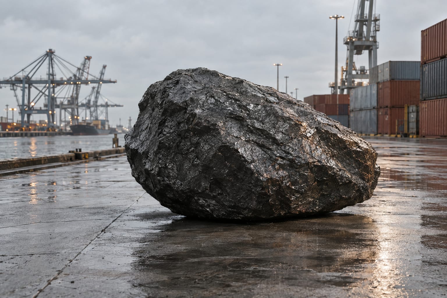 An oversized graphite granule rests on wet concrete beside unmarked shipping containers under an overcast sky.