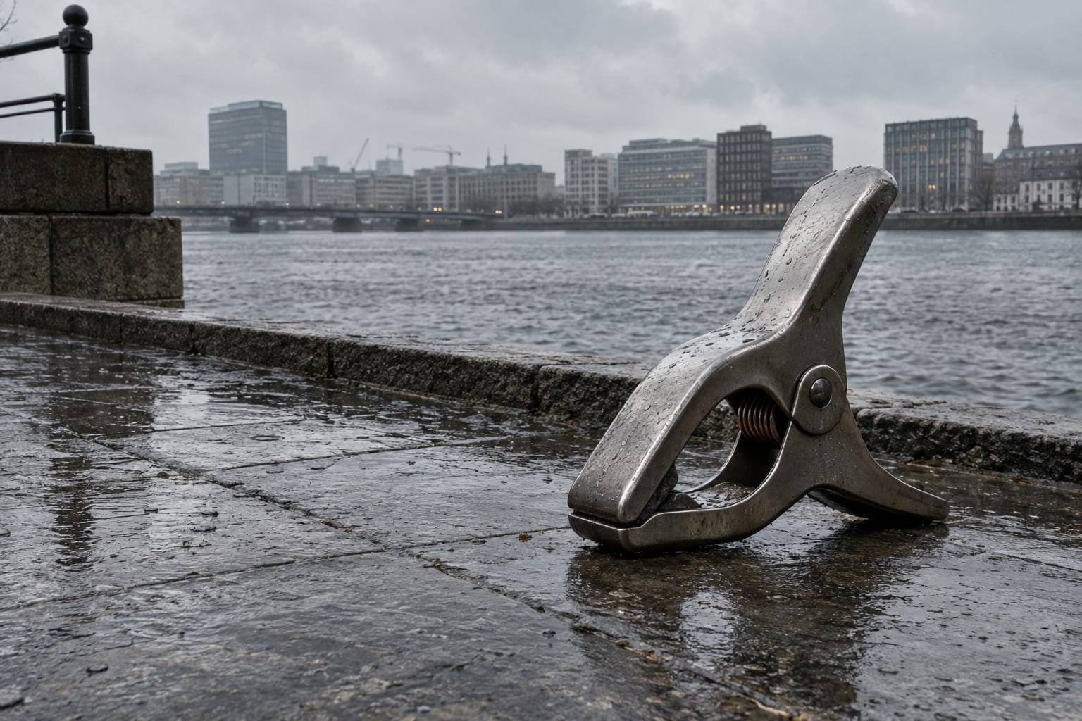 An oversized steel spring clamp stands on a wet, empty riverside embankment beneath grey skies.