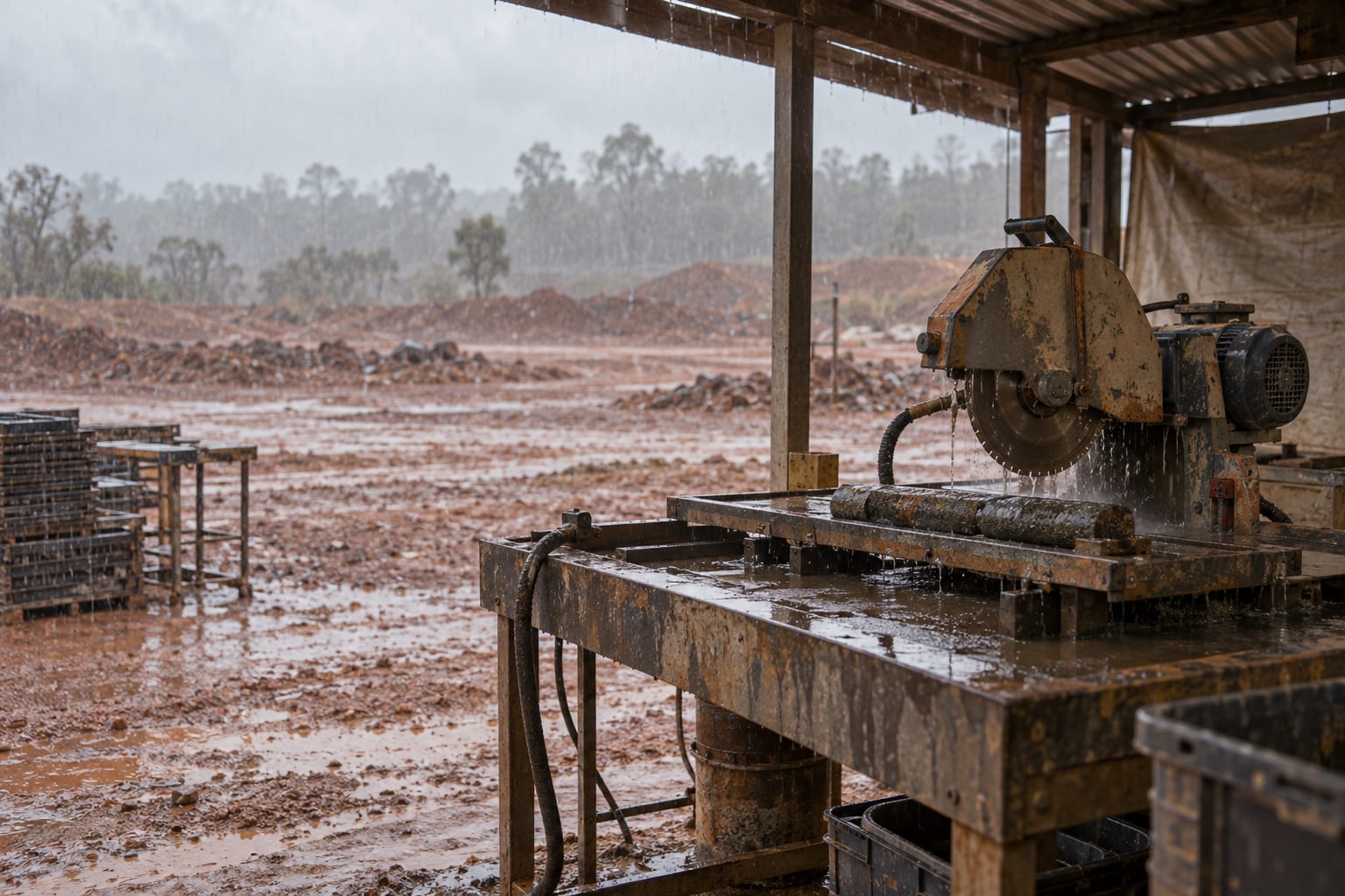 A core saw stands under an open field shelter while rain falls beyond it.