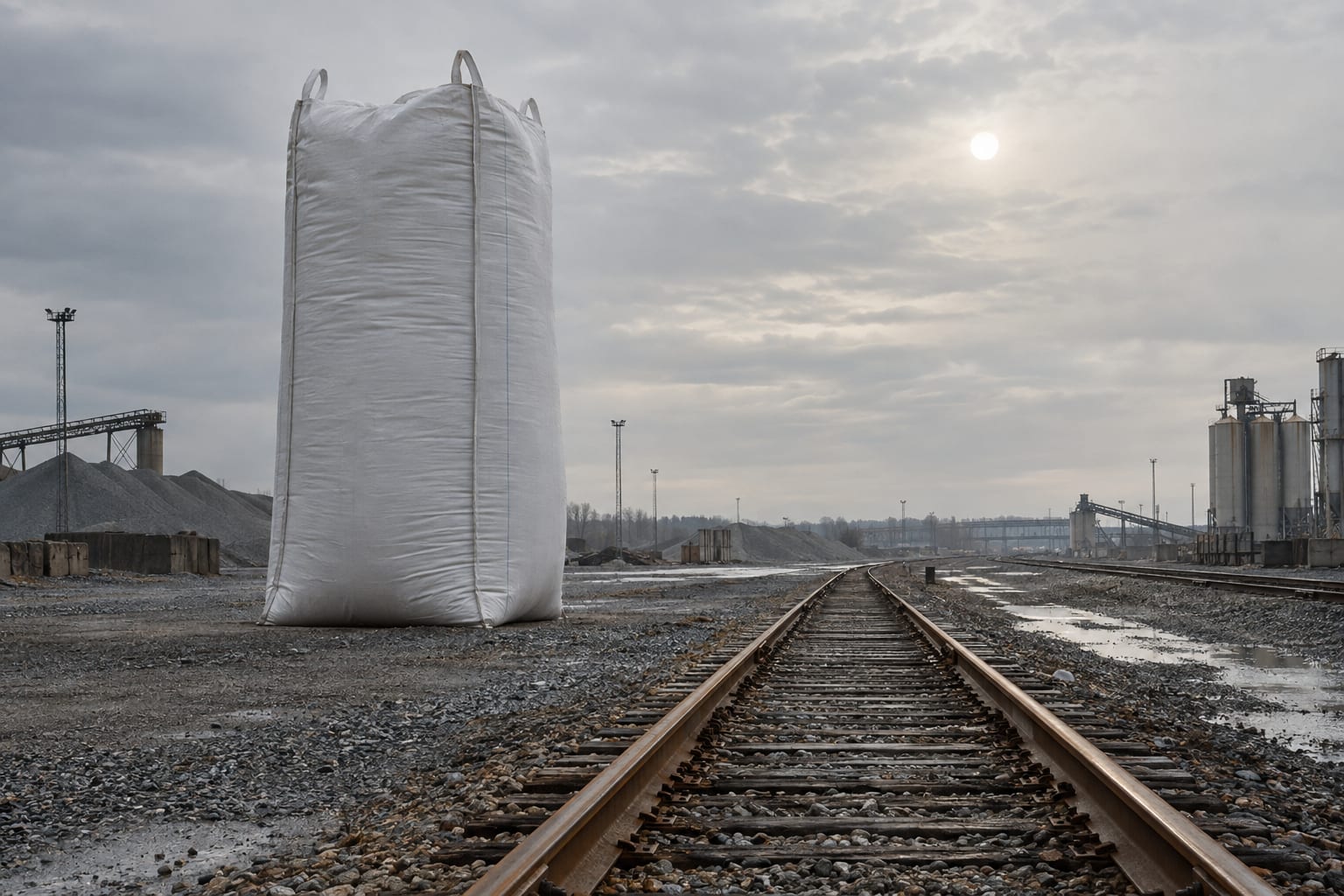 An oversized sealed white bulk bag stands beside the tracks at an empty industrial rail siding.