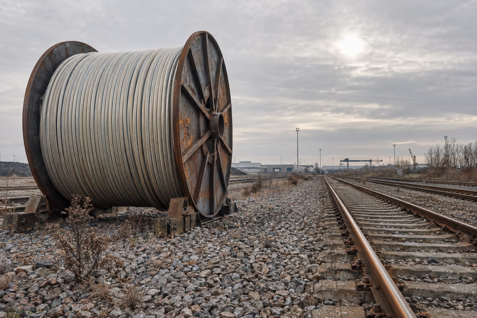 An oversized fibre cable spool rests beside the tracks at an anonymous railway siding.