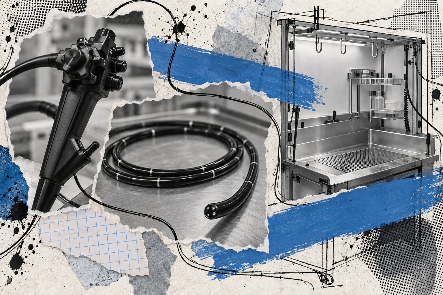 A collage combines a generic flexible endoscope with an empty device-service inspection station.