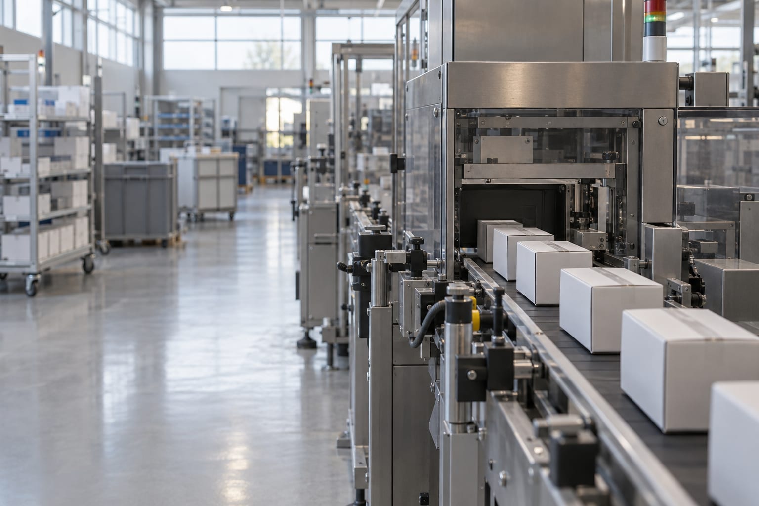 An automated packing line processes unmarked prescription cartons in a pharmacy fulfilment centre.