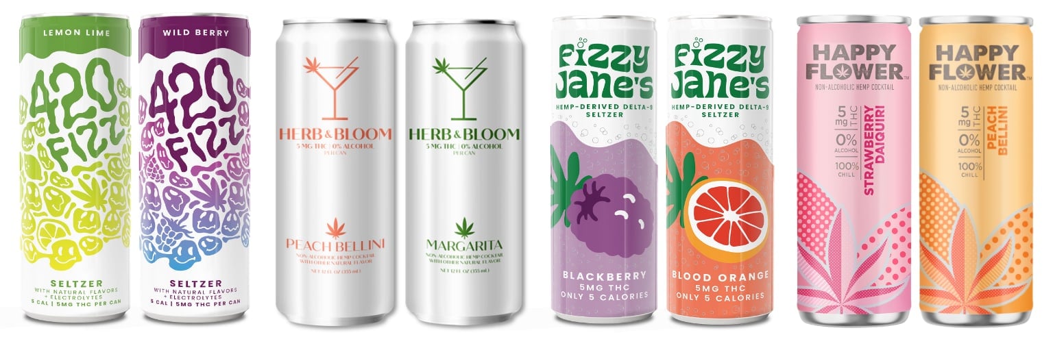 Tilray's hemp-derived THC beverage cans are arranged together in a product photograph.