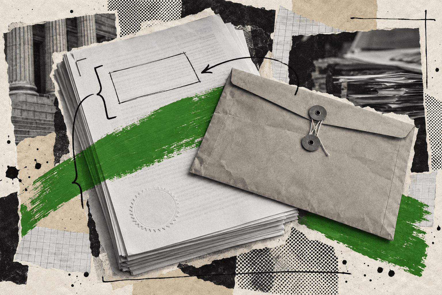 A paper collage shows a stapled sheaf of pages with an embossed seal under a string-tied manila envelope, crossed by a leaf-green brush stroke.