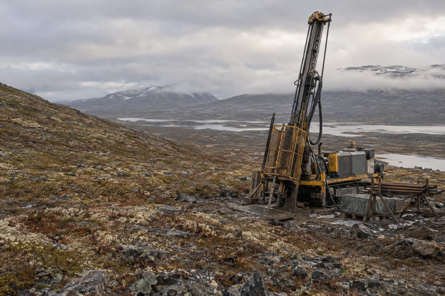A compact diamond-drilling rig stands on a tundra hillside beneath low cloud.