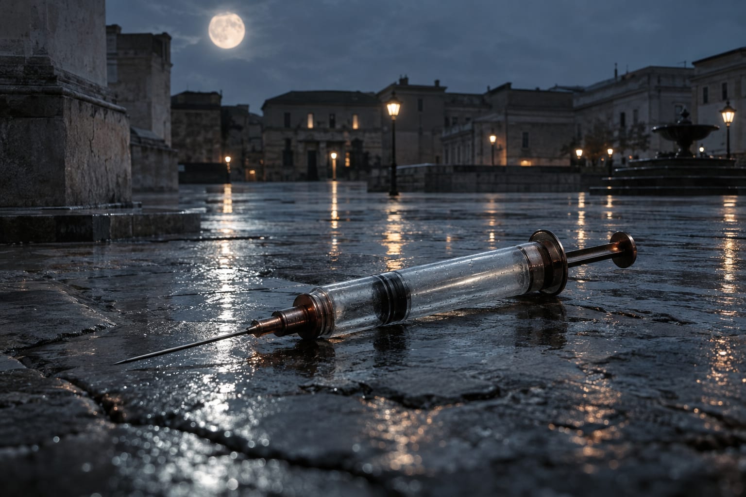 An oversized sealed syringe rests on wet stone paving in an empty civic plaza at blue hour.