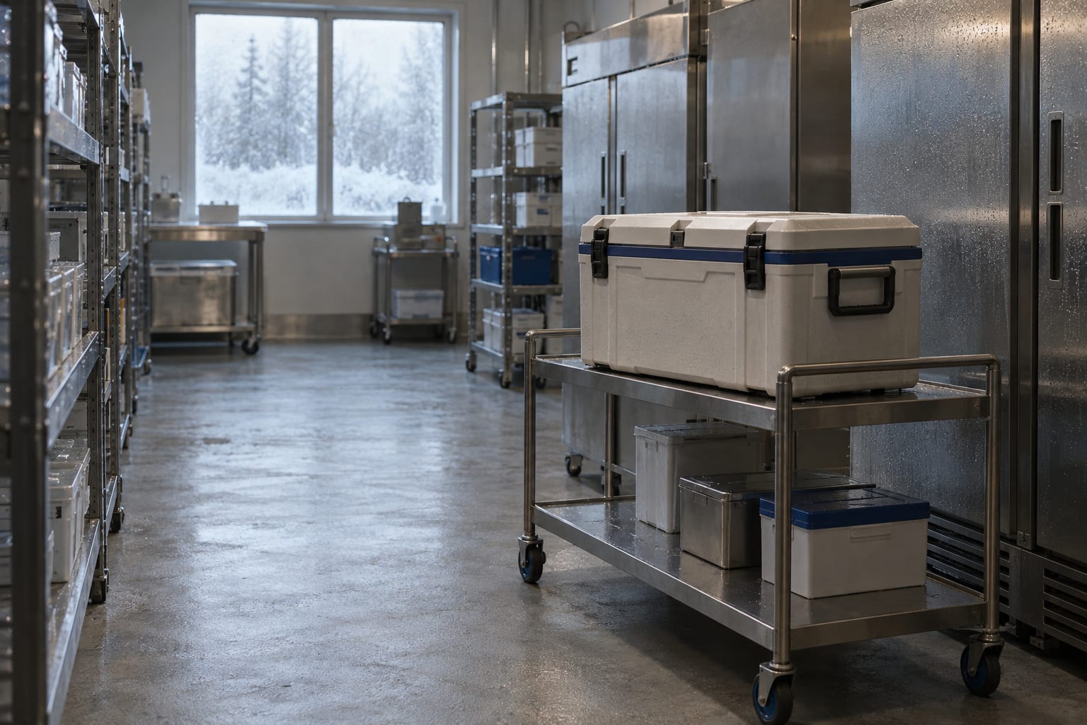 An insulated transport crate rests on a trolley inside an anonymous biologics cold-chain room.