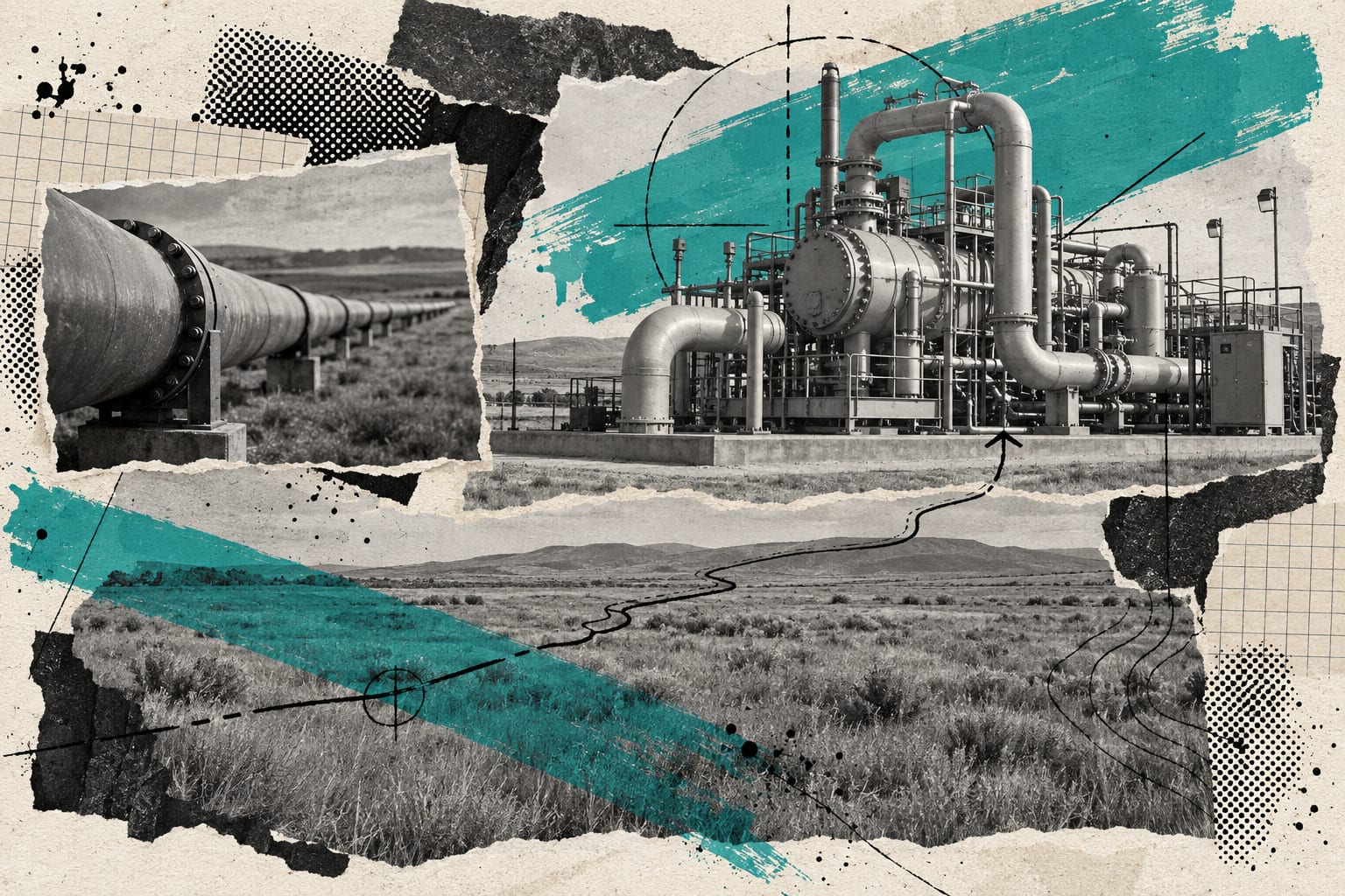 An editorial collage shows an anonymous gas compressor housing above a flat stretch of dry grassland.
