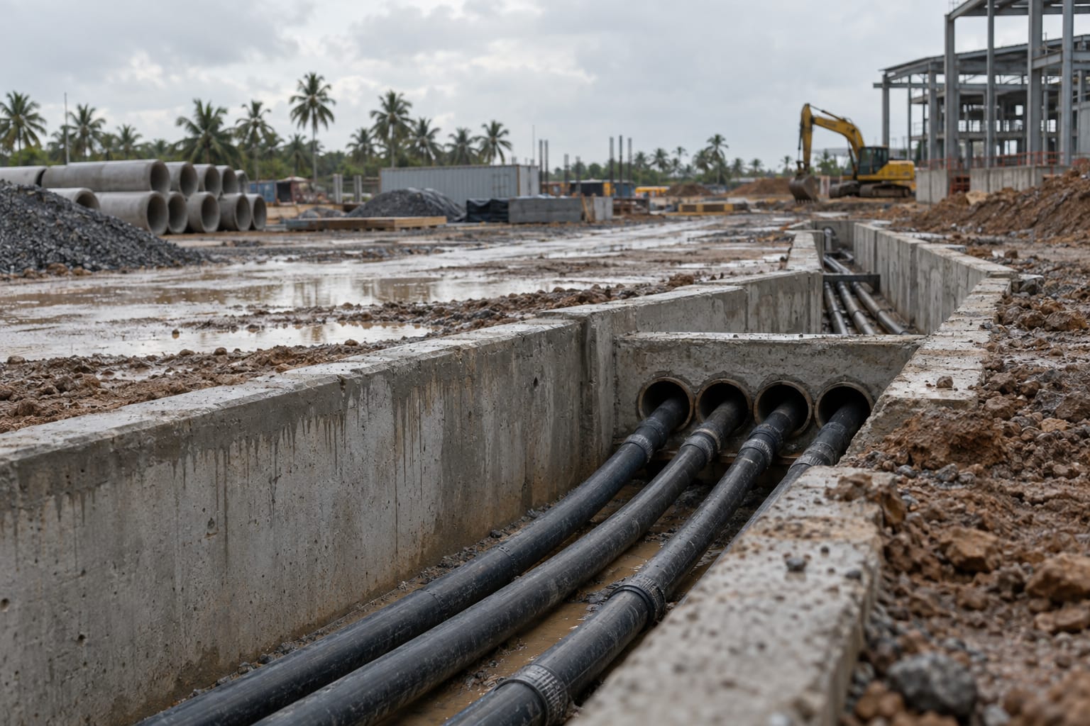 An unfinished cable trench runs through an anonymous tropical construction site under a grey sky.