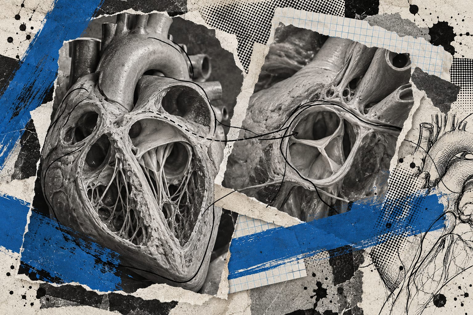 An editorial collage combines two black-and-white anatomical heart images with drawn markings.