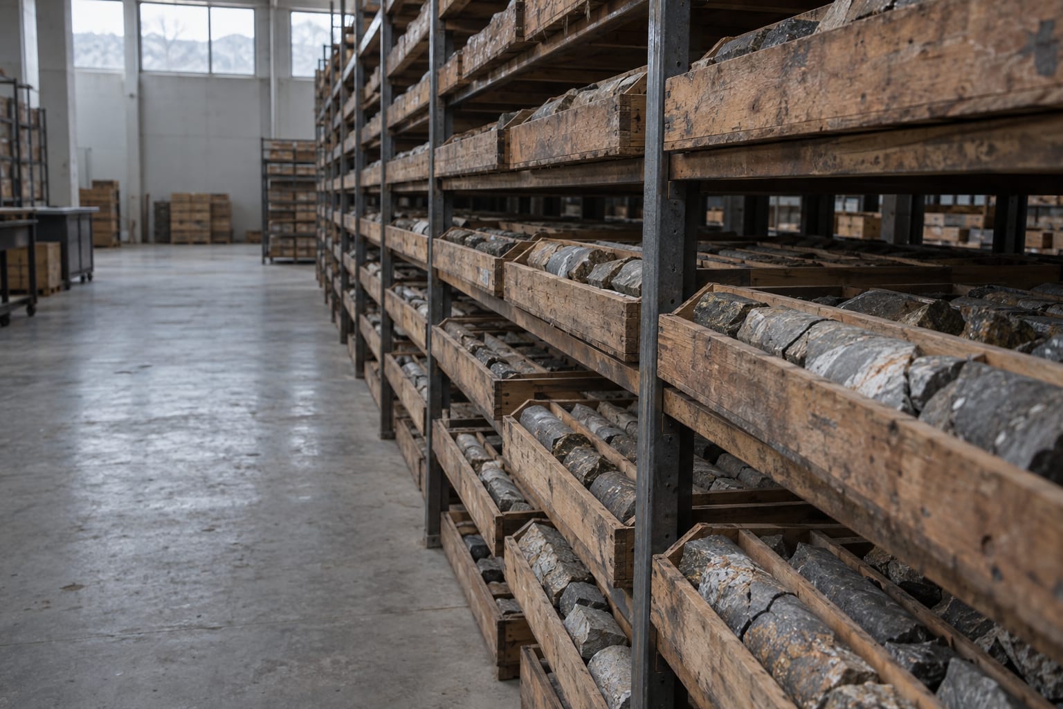 Wooden boxes of split drill core fill open shelving inside an anonymous geological archive.