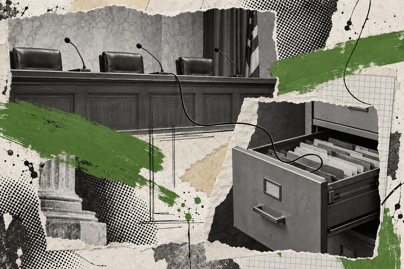 An editorial collage shows an empty hearing bench and a filing cabinet drawer crossed by leaf-green brush strokes.