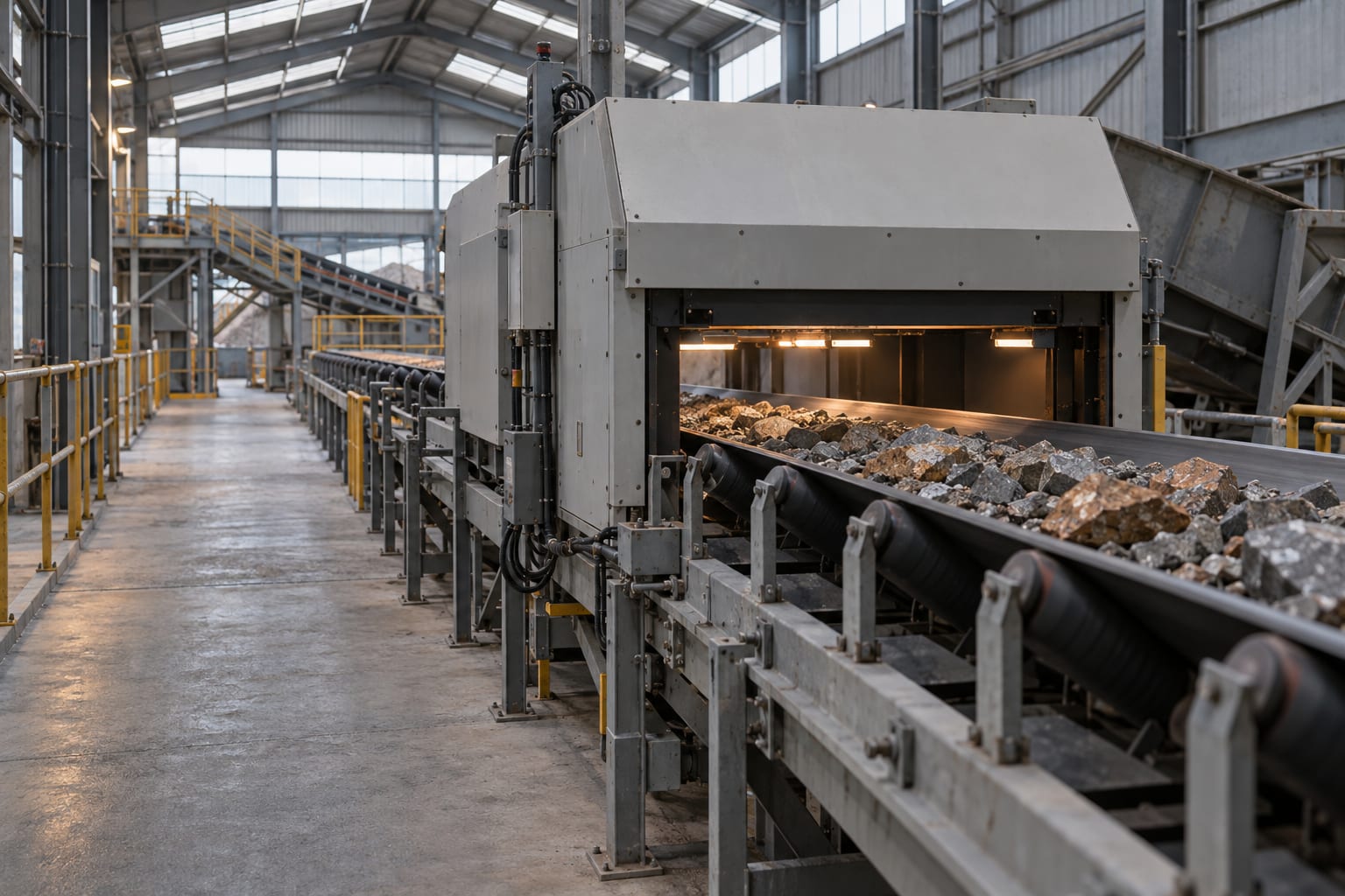 An enclosed ore-sorting unit spans a belt carrying broken rock inside a generic processing shed.