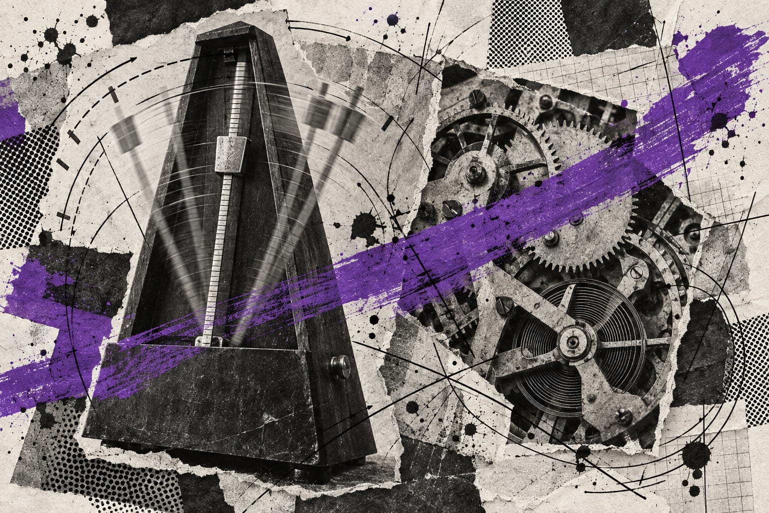 Black-and-white cut-outs of a mechanical metronome and exposed clockwork overlap on paper beneath violet paint and ink lines.