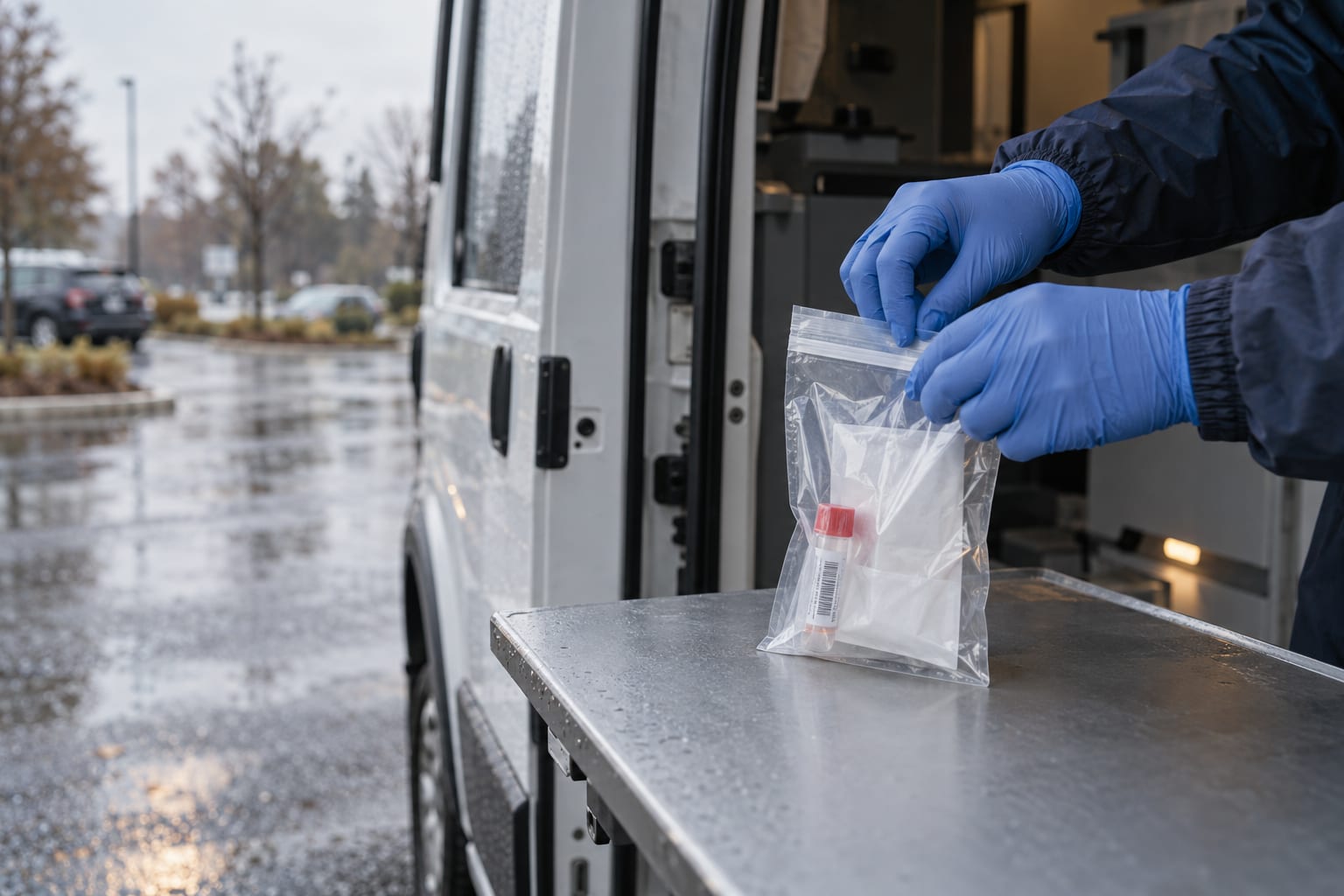 Gloved hands seal a specimen pouch at the open doorway of an anonymous mobile clinical research van.