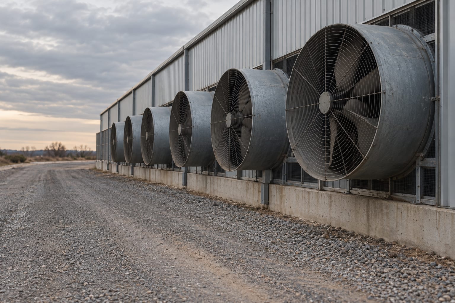 Large circular exhaust fans line the corrugated exterior wall of an anonymous bitcoin mining facility.