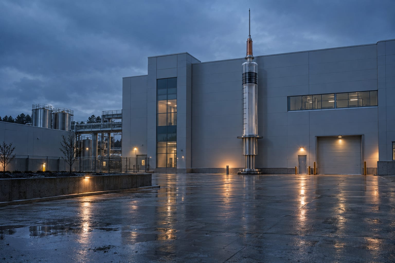 An oversized syringe stands in a deserted courtyard outside a generic drug manufacturing plant at blue hour.
