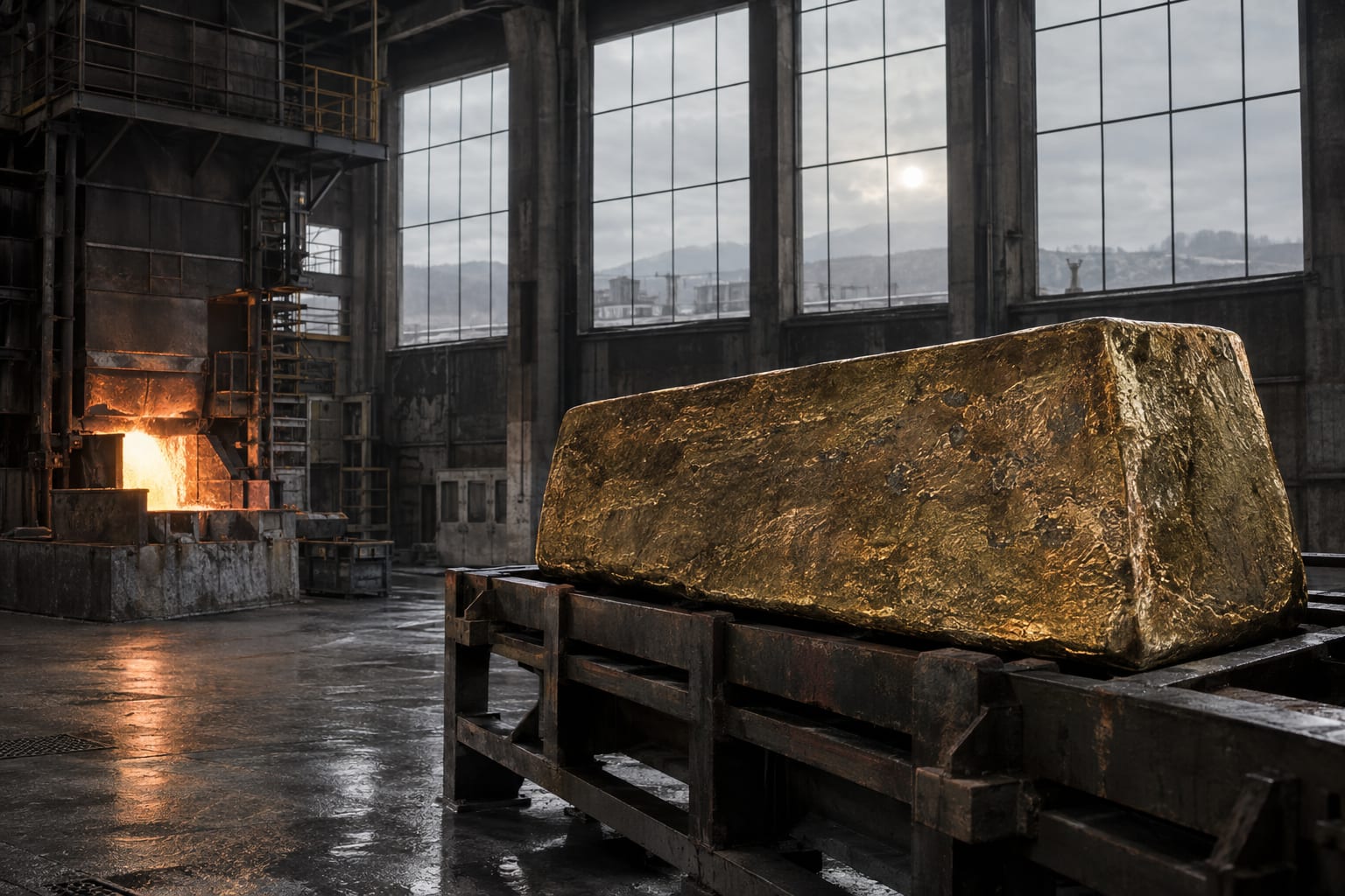 An oversized gold ingot rests on a steel cooling rack inside a generic refinery casting hall.