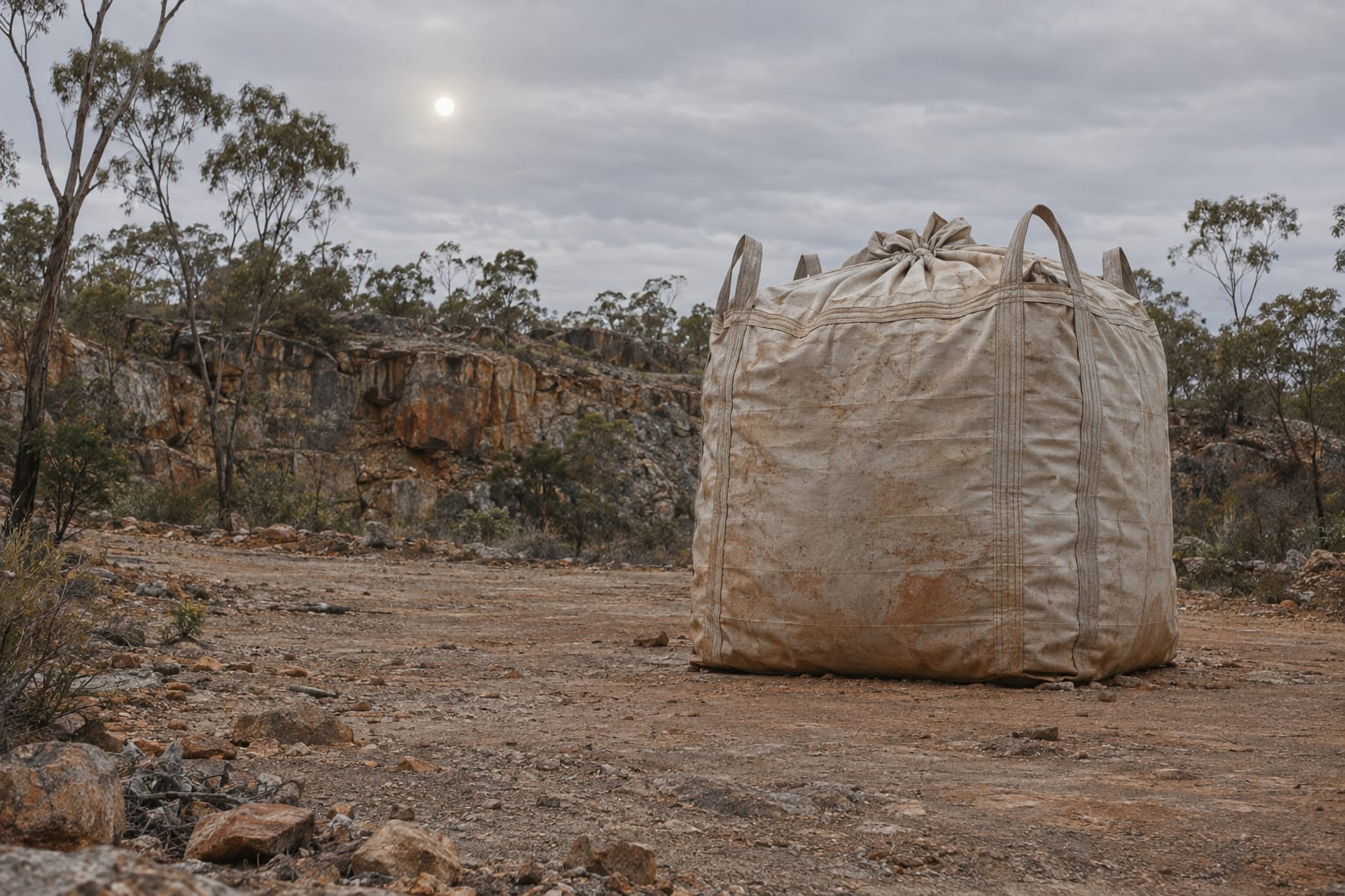 An oversized sealed ore sample bag stands in an anonymous exploration clearing under an overcast sky.