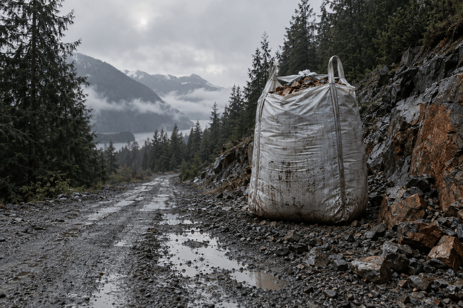 An oversized unmarked ore sample bag stands beside a wet forest track under a grey sky.