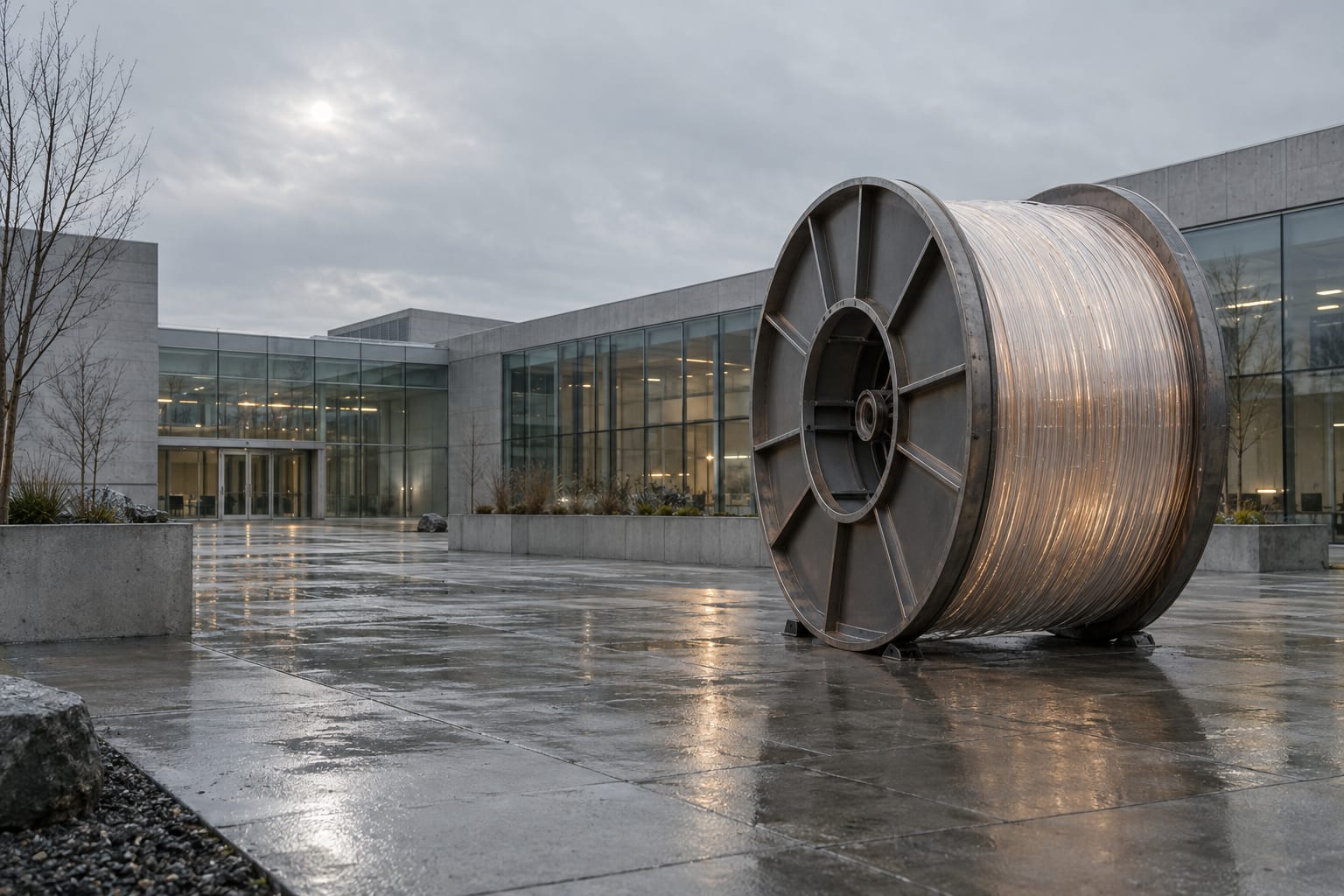 An oversized spool of optical fibre stands in a wet concrete courtyard outside an anonymous research laboratory.