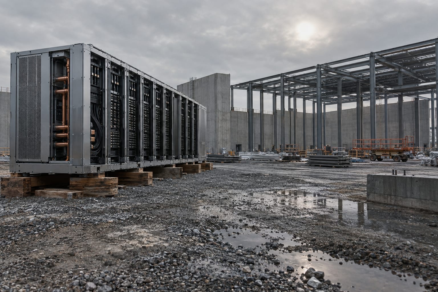 An oversized server blade sits beside the frame of an unfinished generic data centre under an overcast sky.