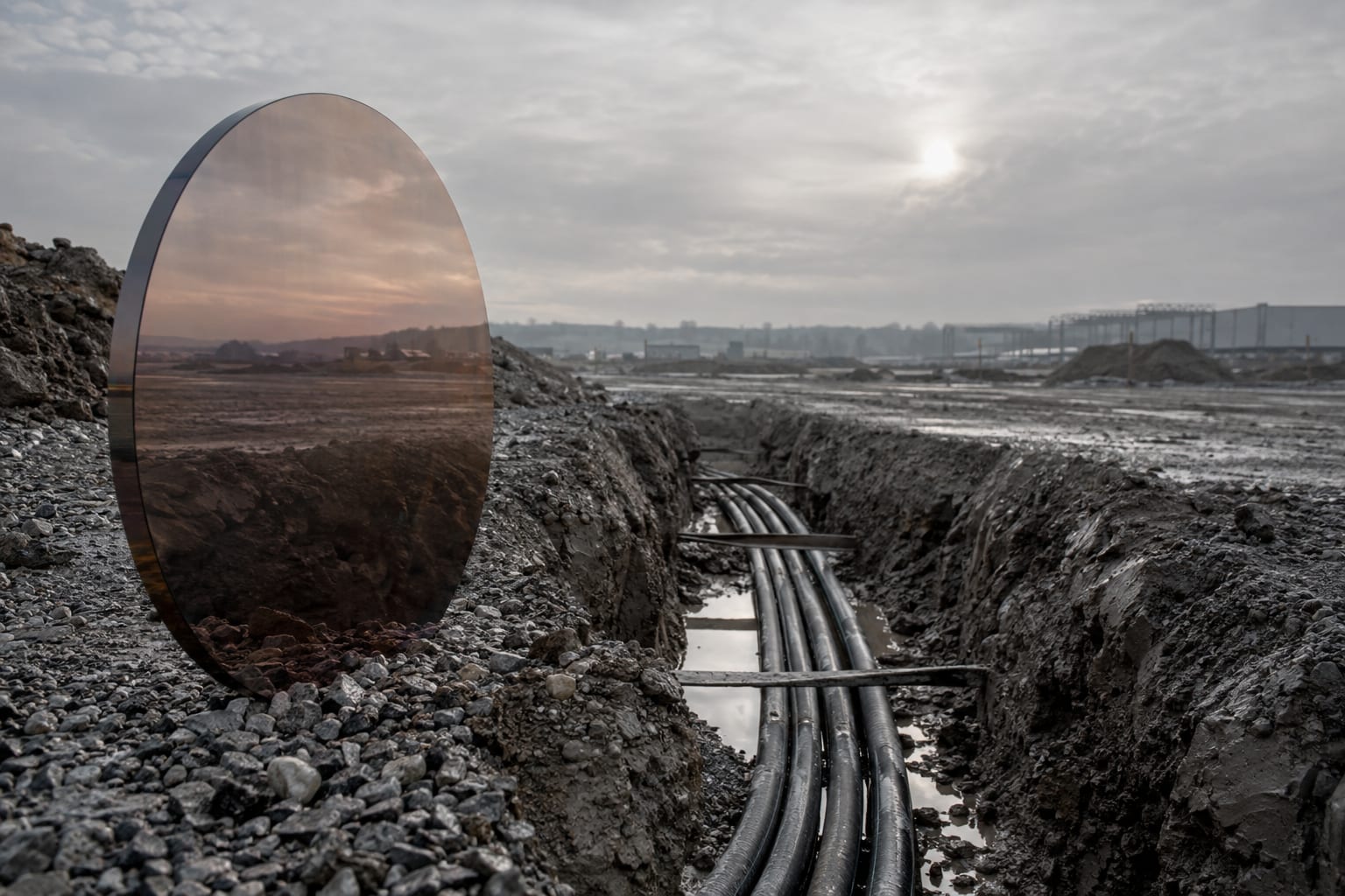 An oversized unmarked silicon wafer stands beside an empty electrical cable trench under an overcast sky.