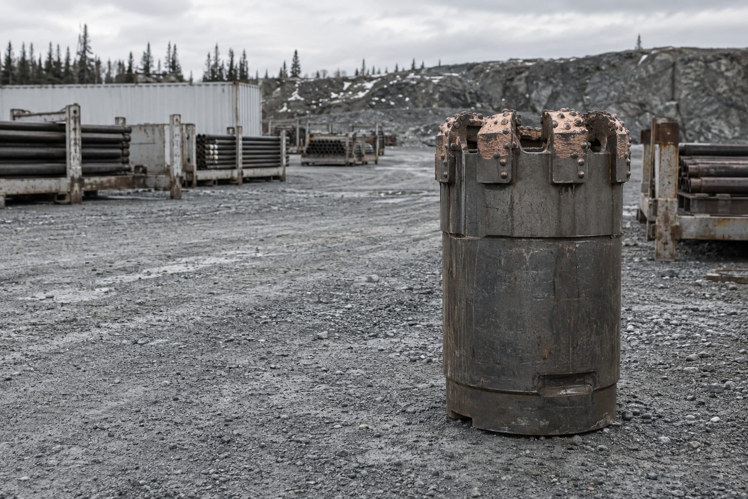 An oversized diamond drill bit stands in a generic drill steel maintenance yard under an overcast sky.
