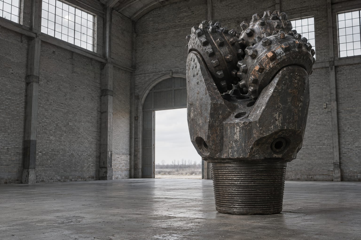 An oversized oil-well drill bit stands inside an empty brick equipment hall.
