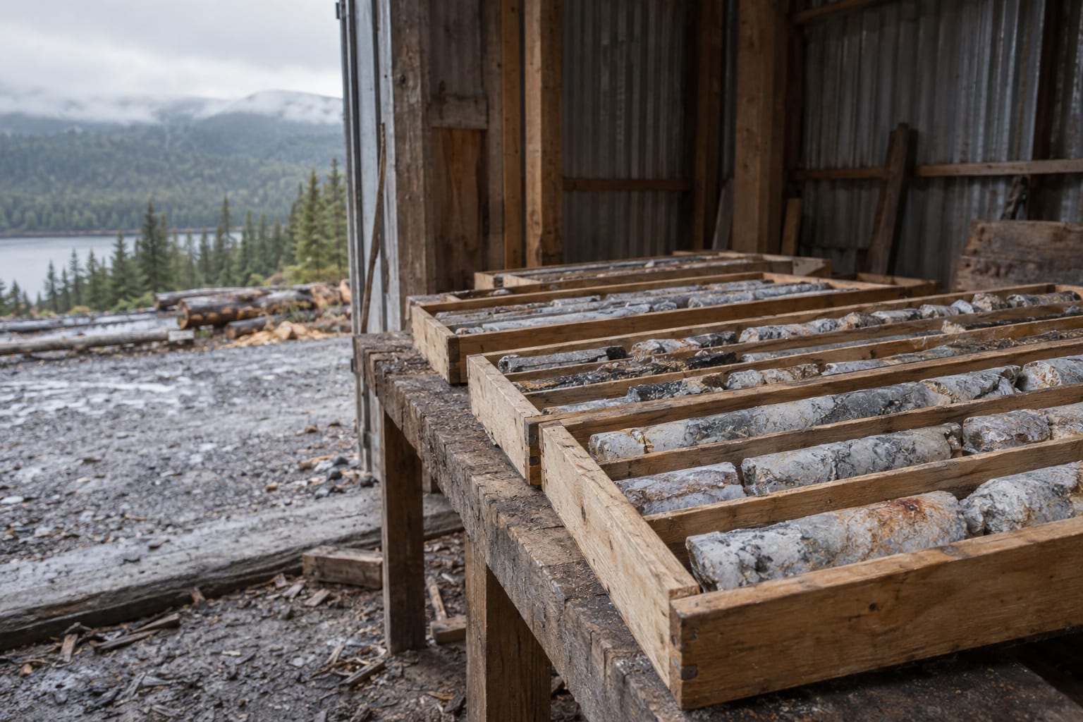 A row of wooden drill-core boxes rests on a bench in a rural logging shed.