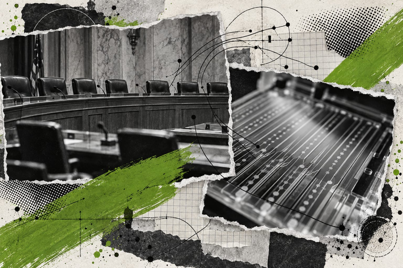 An editorial collage shows empty hearing chairs and an anonymous sequencing flow cell crossed by leaf-green brushstrokes.