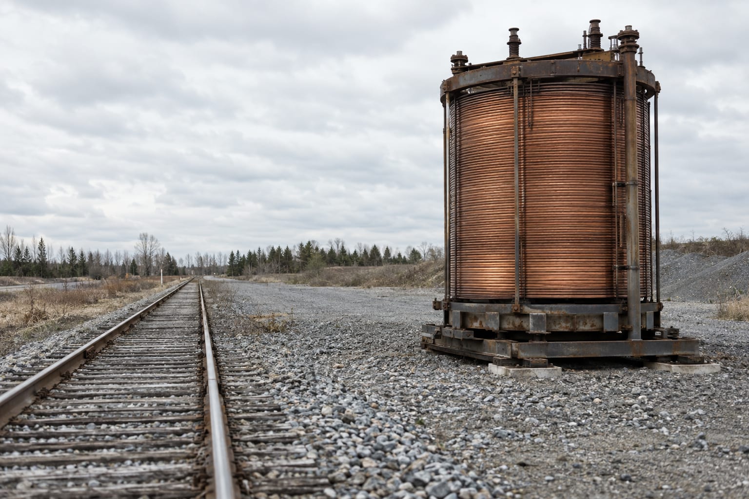 An oversized copper transformer coil stands beside an anonymous railway siding under an overcast sky.