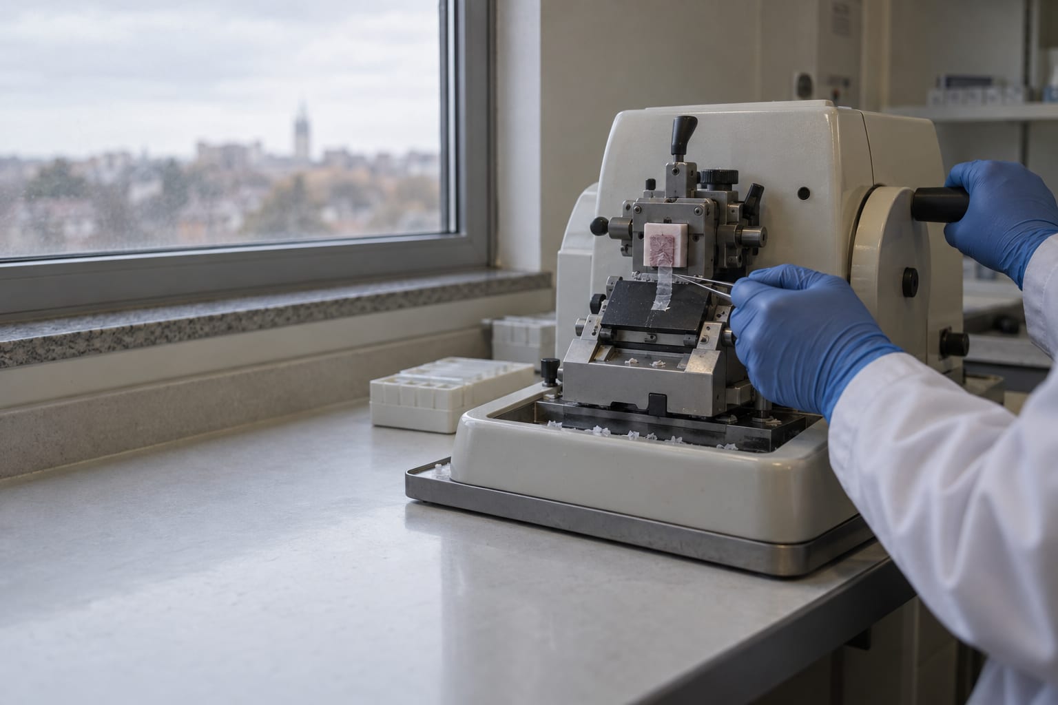 Gloved hands operate a microtome at an anonymous pathology tissue-sectioning station.