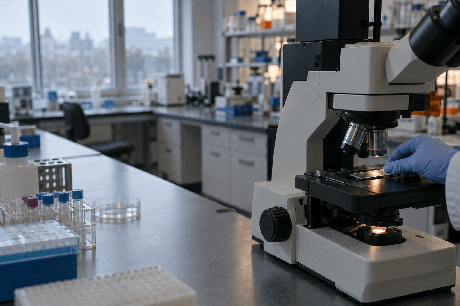 A gloved hand positions a glass slide beneath a microscope in a generic immunology laboratory.